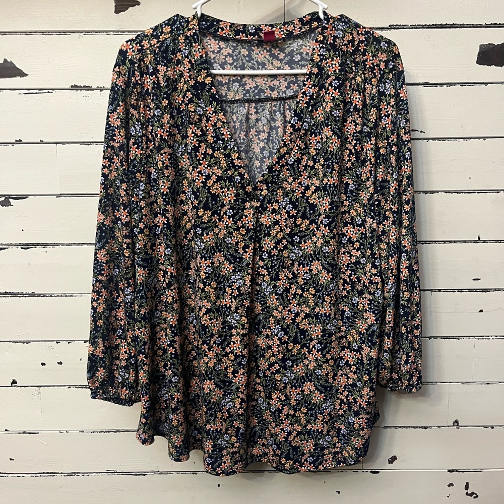 Floral V-Neck Blouse - Navy with Pink & Green Floral Print Women’s Size XXL